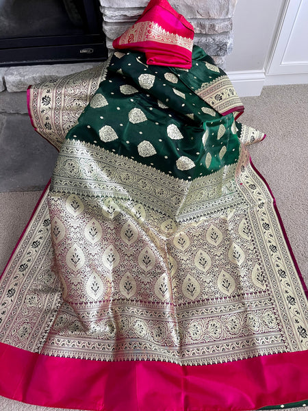 Bottle Green and Gold Banarasi Silk Saree