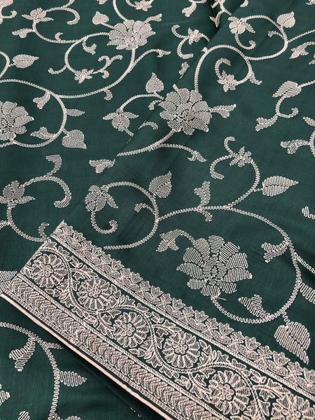 Forest Green Pure Handloom Silk Saree with Beige Embroidery