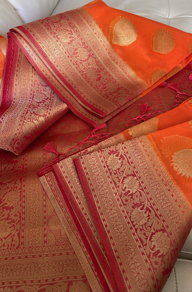 Orange and Pink Kora Maheshwari Silk Saree