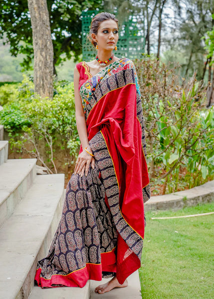 COTTON AJRAKH SAREE WITH INTRICATE MADHUBANI HAND PAINTED BORDER