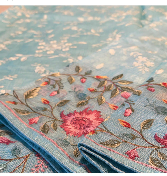 Baby Sky Blue Kota Silk Saree with Embroidery