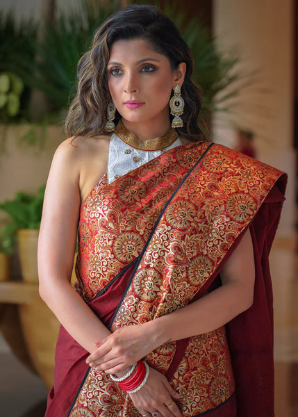 COTTON EMBROIDERED WHITE SAREE WITH MAROON BANARASI BORDER