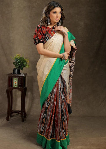 BEIGE TUSSAR SAREE WITH AJRAKH PLEATS, GREEN BORDER AND KALAMKARI PALLU