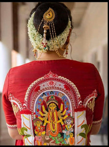 Red Cotton Elbow Sleeve Durga Embriodered Blouse on Back