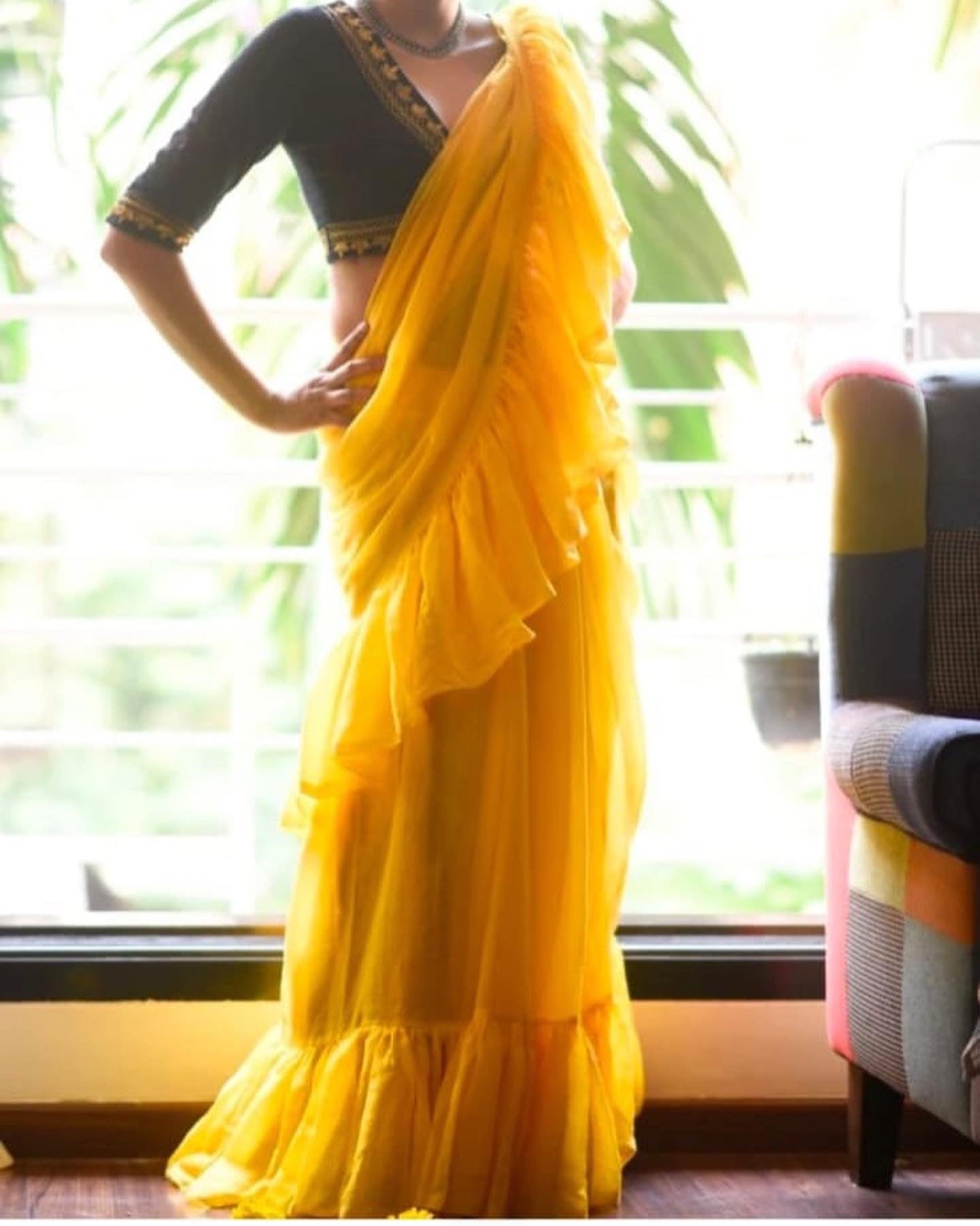 Yellow Mul Cotton Ruffle Saree