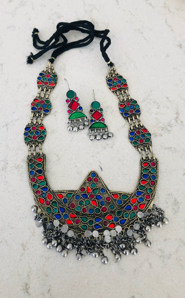 Multicolored Afghan Glass Oxidized Necklace with Matching Earrings
