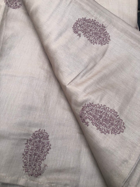 Taupe Slate Shaded Tussar Handloom Silk Saree with Embroidered Thread Work