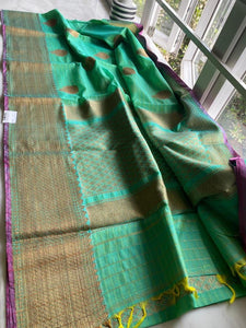 Iridescent Green Pure Handloom Cotton Silk Saree