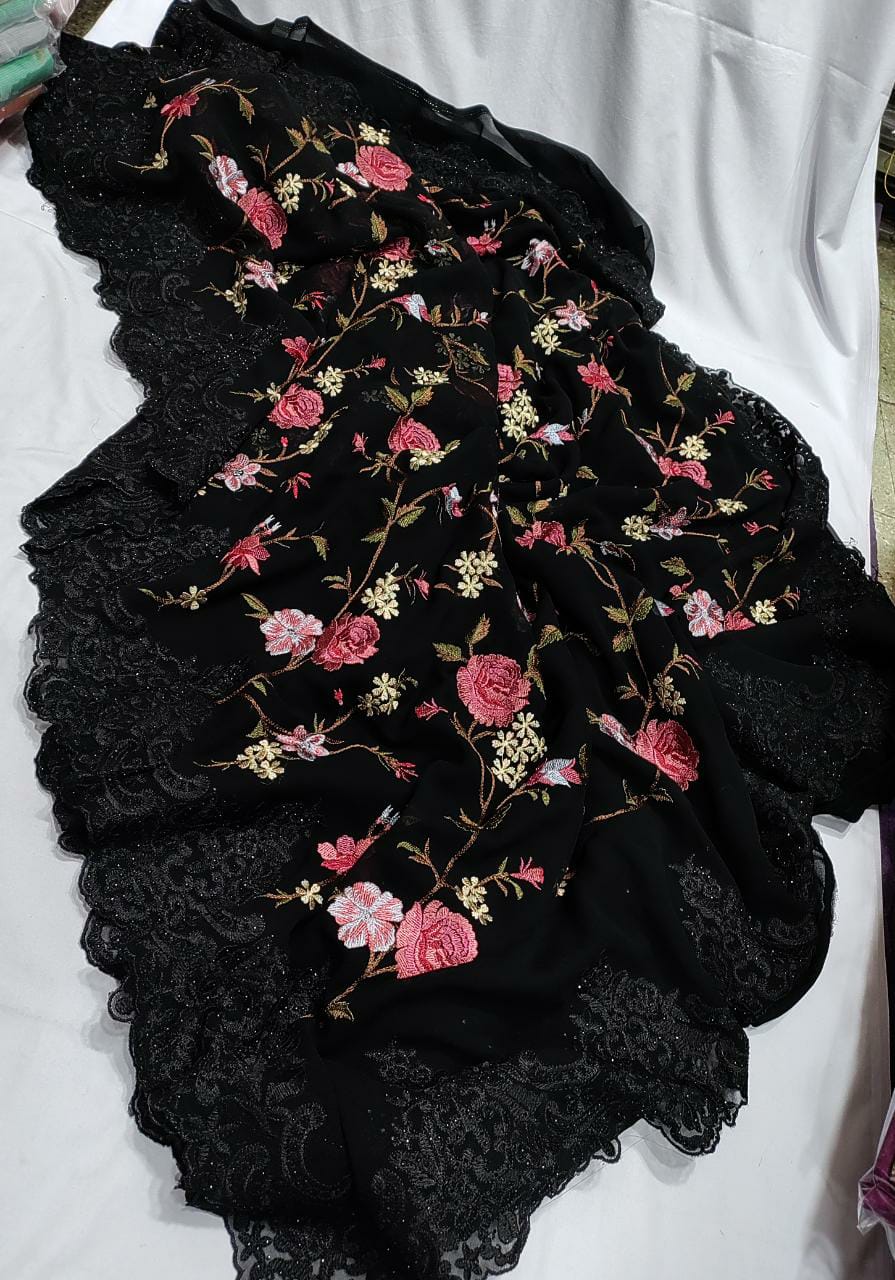 Black Georgette Chiffon with Lace and Embroidery