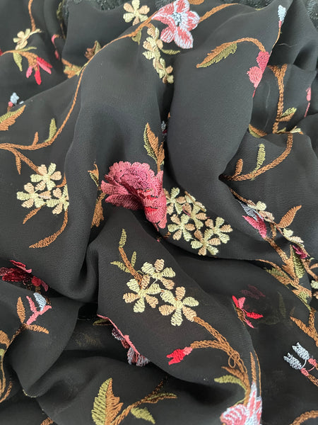 Black Georgette Chiffon with Lace and Embroidery