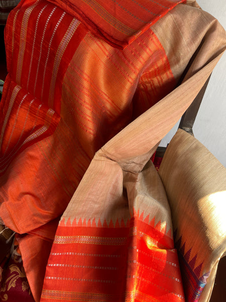 Pure Ghicha Tussar Silk Ikkat Saree in Orange