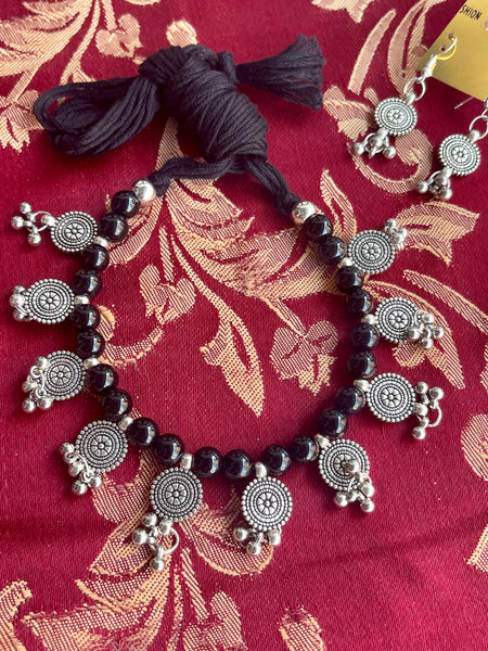 German Silver Black Threaded Ghungroo Necklace and Earring Set