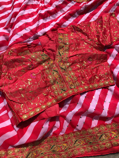 ReddishPink and White Georgette Chiffon Saree with Readymade Blouse