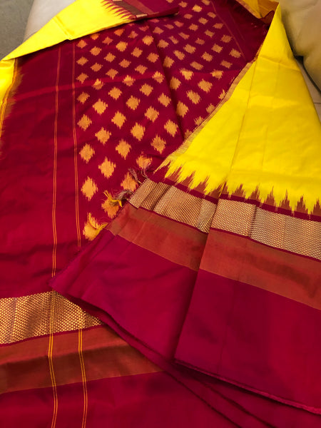 Pure Yellow and Pink Pochampally Patu Ikat Silk Saree
