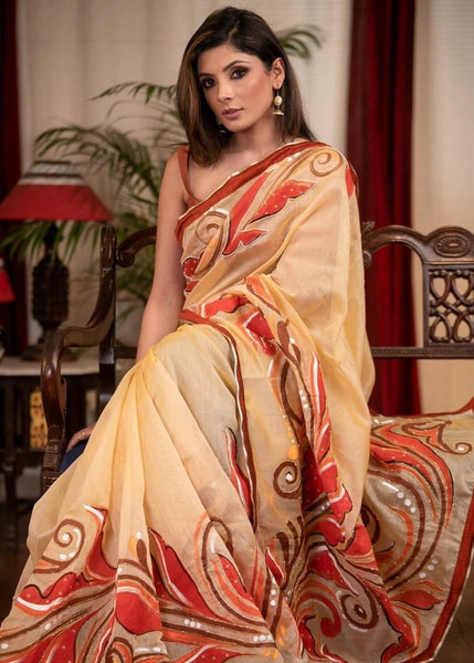 BEIGE CHANDERI SAREE WITH HAND PAINTED ALPANA WORK & ZARDOSI BOOTI