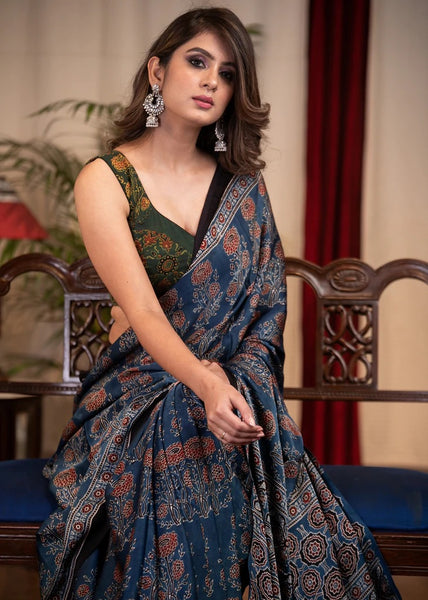PURE MODAL SILK BLOCK PRINTED BLUE AJRAKH SAREE WITH FLORAL MOTIFS