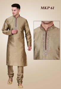 Metallic Tan  Pure Silk Mens Long Kurta Pajama Set