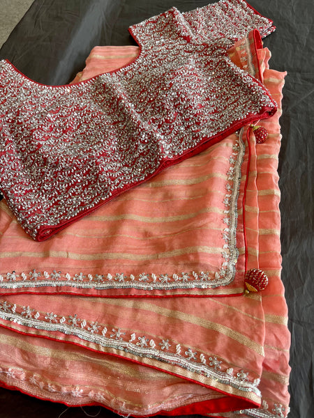 Peach Georgette Chiffon Silk Saree with Stitched Blouse
