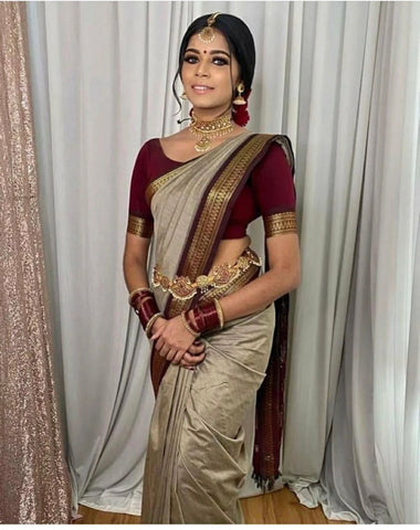 Grey and Maroon Pure Handloom Cotton Silk Saree