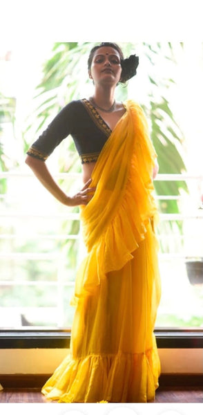 Yellow Mul Cotton Ruffle Saree