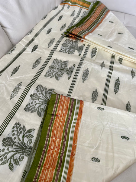 Off White Garad Silk Saree with Green Border