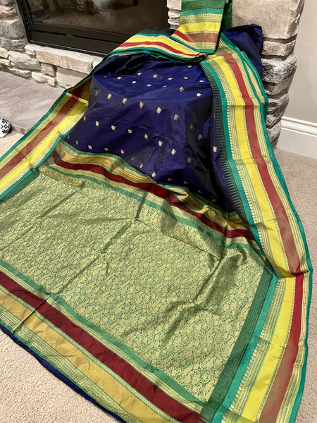 Navy Blue, Green, and Gold Kanchipuram Naali Silk Saree