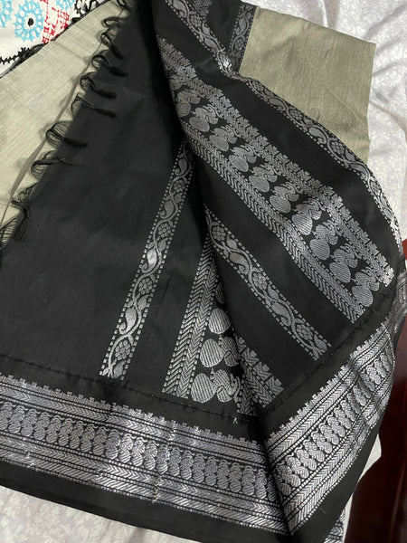 Grey and Black Pure Handloom Cotton Silk Saree