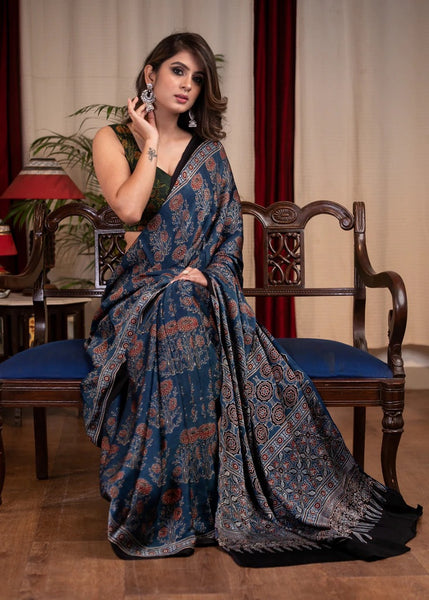 PURE MODAL SILK BLOCK PRINTED BLUE AJRAKH SAREE WITH FLORAL MOTIFS