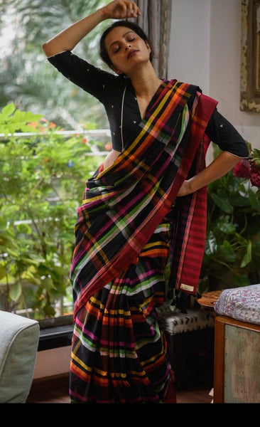 Black and  Multicolor Handloom cotton saree