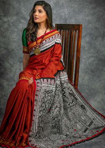 Khun Saree with Handpainted Madhubhani Aachal