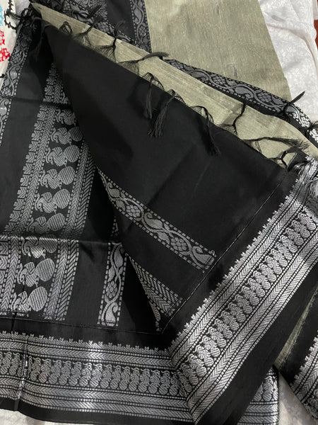 Grey and Black Pure Handloom Cotton Silk Saree