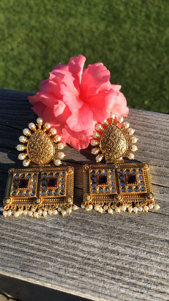 Gold Plated Antique Gold Chandbali Earrings with Pearl & Colored Glass Twist
