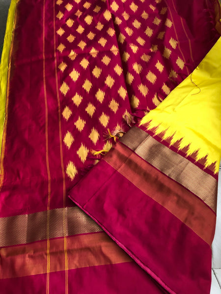 Pure Yellow and Pink Pochampally Patu Ikat Silk Saree