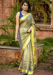 YELLOW PURE LINEN SAREE WITH HAND EMBROIDERY