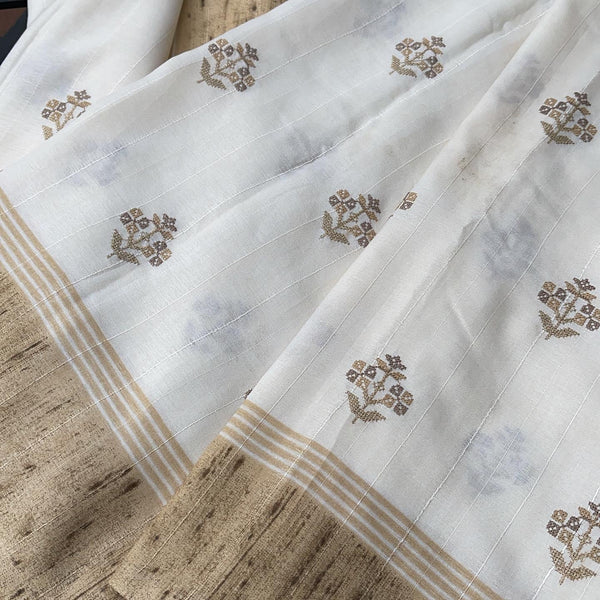 Ivory and Gold Embroidered Raw Tussar Silk Saree