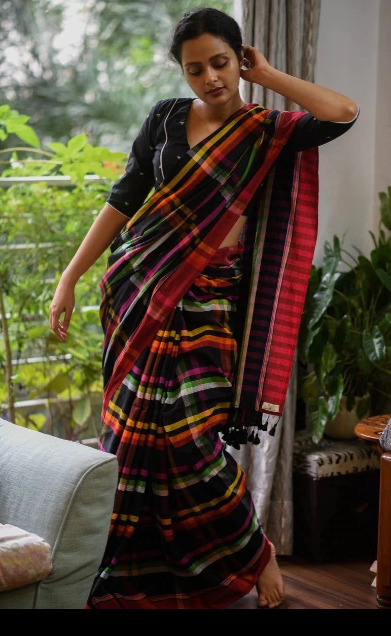 Black and  Multicolor Handloom cotton saree