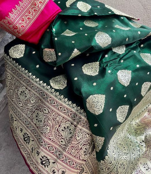 Bottle Green and Gold Banarasi Silk Saree