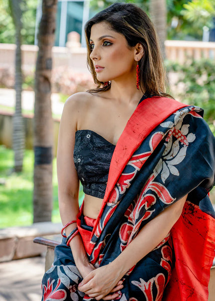 PURE SILK BATIK WORK BLACK AND RED COMBINATION SAREE