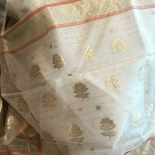 White and Red Chanderi Cotton Silk Saree
