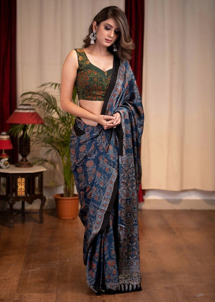 PURE MODAL SILK BLOCK PRINTED BLUE AJRAKH SAREE WITH FLORAL MOTIFS