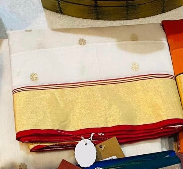 White and Red Chanderi Cotton Silk Saree