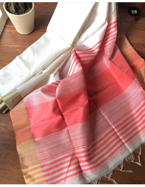 Tussar and Red Colored Pure Handloom Silk Saree