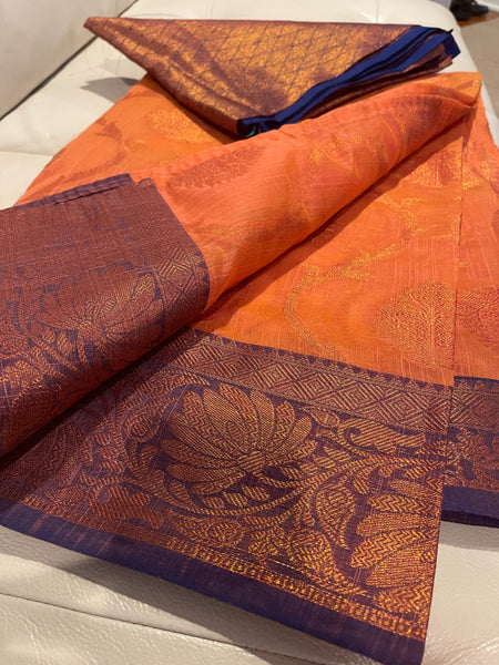 Coral Pink and Purple Handloom Brocade Cotton Silk Saree