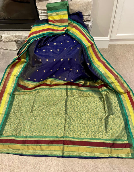 Navy Blue, Green, and Gold Kanchipuram Naali Silk Saree