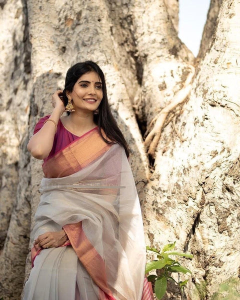 Pure Handwoven Maheshwari Handloom Tissue Silk Saree