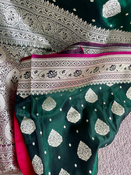 Bottle Green and Gold Banarasi Silk Saree