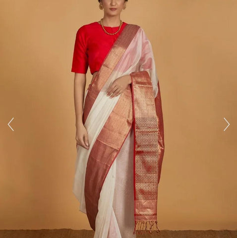 Pure Maheshwari Silk Saree in White and Red