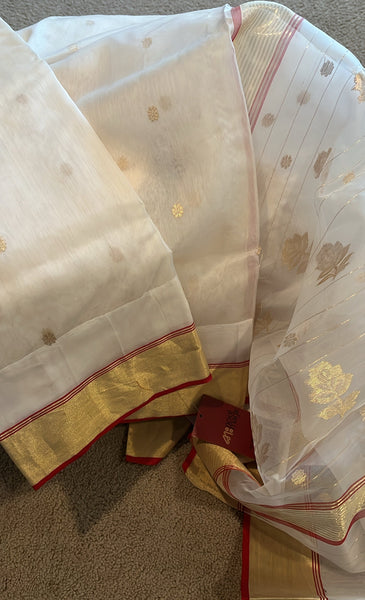 White and Red Chanderi Cotton Silk Saree