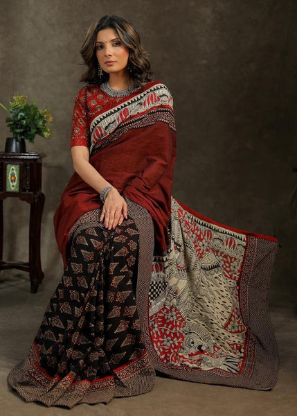 BLOCK PRINTED AJRAKH AND MAROON COTTON COMBINATION SAREE WITH HAND PAINTED MADHUBANI PATCH ON PALLU