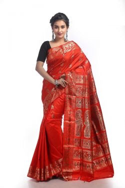 Deep Scarlet Orange Ethnic Gorgeous Pure Silk Swarnachari Saree